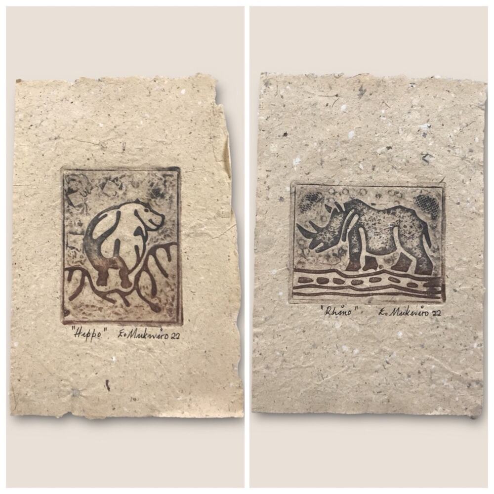 African Animal Print Etchings on Handmade Paper Mukwiro "Rhino" & "Hippo" - Picture 8 of 8